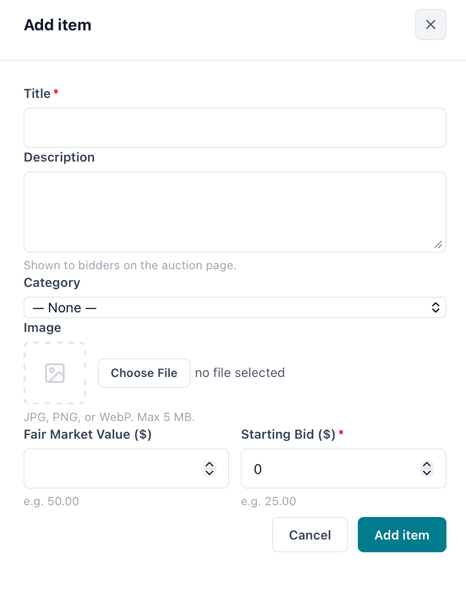 Auction item setup form showing title, category, image, fair market value, and starting bid fields